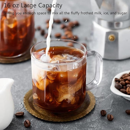 Glass Coffee Mugs, 16 oz Ice coffee cups, Large Clear Tea Cups Set of 2 - Image 5