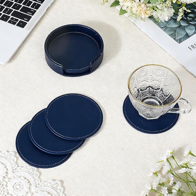 6PCS 4 Inch PU Leather Coasters Round Cup Holders Leather Non Slip Thermal - Image 3