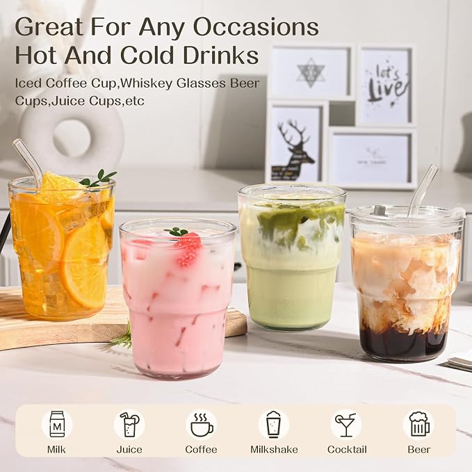 AUFXKOO13oz Glass Tumbler with Straw and Lid，2 Pack Iced Coffee Cups with lids - Image 5