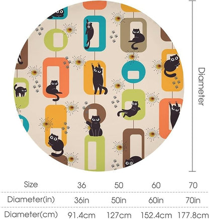 Bohemian Black Cat Round Tablecloth, Rustic Vintage Mid Century Geometric Tablecloth for Home Party Dining Room Kitchen Decor 36Inch(90cm)