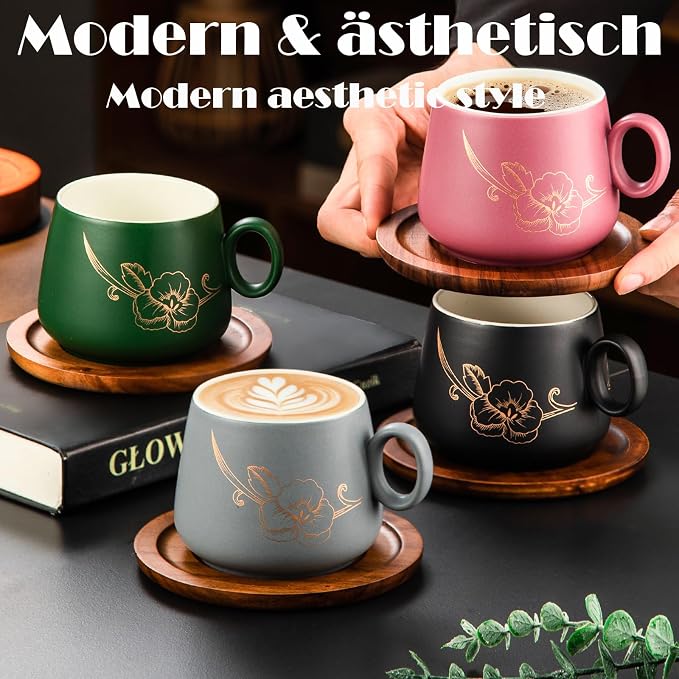 Yundu 10oz Cappuccino Cups & Wooden Saucers Set - Image 5