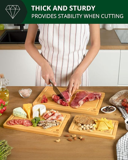 ROYAL CRAFT WOOD Premium Cutting Board Set – Non Toxic Bamboo & Wooden Cutting Boards for Kitchen Meal Prep, Durable Butcher Block for Meat with Side Handles, Deep Juice Groove, Charcuterie & Chopping