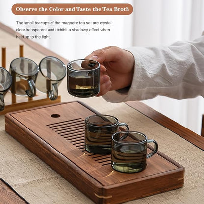 Kung Fu 6 Pcs Small Glass Tea Cup + Holder Set in Smoky Gray, Bamboo Wood - Image 3