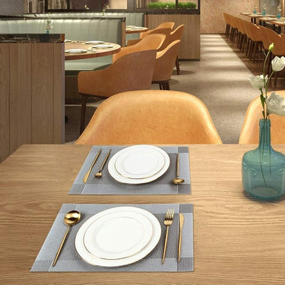 DACHUI Placemats Set of 6, Linen Look Woven Place Mats, Water Resistant, Heat Resistant, Washable, Durable Table Mats (Silver Grey)