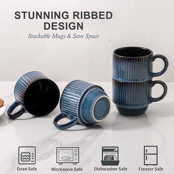 Hasense Navy Coffee Mugs Porcelain Set of 4 - 12 oz Stackable Coffee Cups - Image 4
