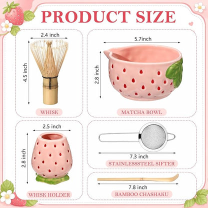 5 Pcs Matcha Whisk Set Pink Matcha Kit Cute Strawberry Design | Ceramic - Image 2