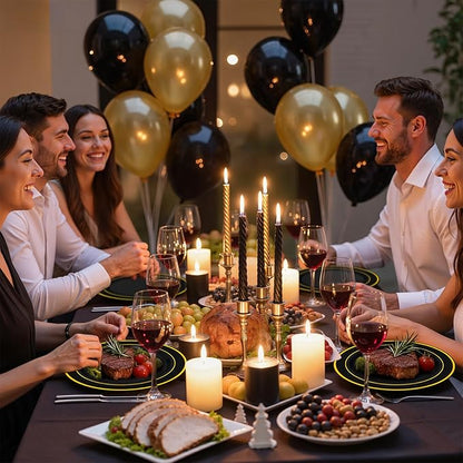 WDF 300PCS Black and Gold Plates - Black Plastic Plates for Party - 50guest Disposable Dinnerware Sets for Party/Wedding/New Year