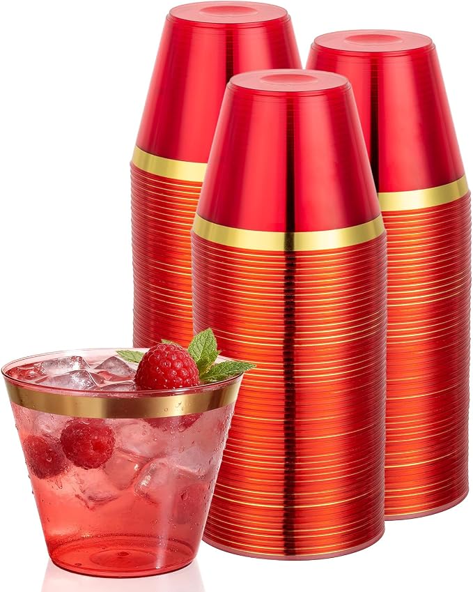 Goodluck 50PCS 9oz Red and Gold Plastic Cups by GoodLuck