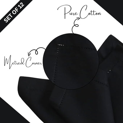 Hemstitched Cotton Napkins - Set of 12, 18x18 Inch - Black, Perfect for Christmas Dinner or Everyday Use