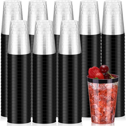 Patelai 100 Pcs Black Plastic Cups 12 oz Black Rimmed Plastic Cups Heavy Duty Disposable Wine Glasses Clear Cocktail Glasses Drinking Tumblers for Party Wedding Christmas Birthday
