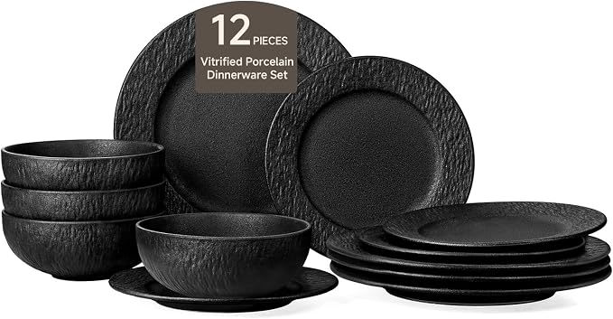 Black Dinnerware Sets, 12-Piece plates and bowls sets, Matte Marble | Premium by KINGSTONE