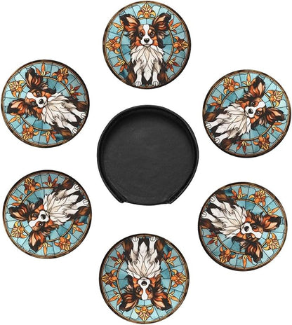 Drink Coaster Set of 6, Papillon Dog Mom Lover Gift,Leather Drink Coasters with Holder,6 Pack Cup/Bar/Drink Coasters for Table/Drinks/Coffee Protection Housewarming Gift