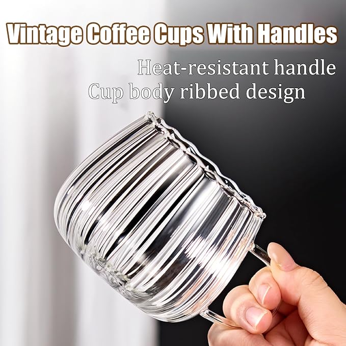 Viovian 12oz Clear Glass Coffee Mugs Set of 6 Ribbed Coffee Cups - Image 6
