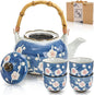 Japanese Tea Set, Ceramic Floral Tea Pot and 4 Pieces Cups | Traditional Bone by Nagpew