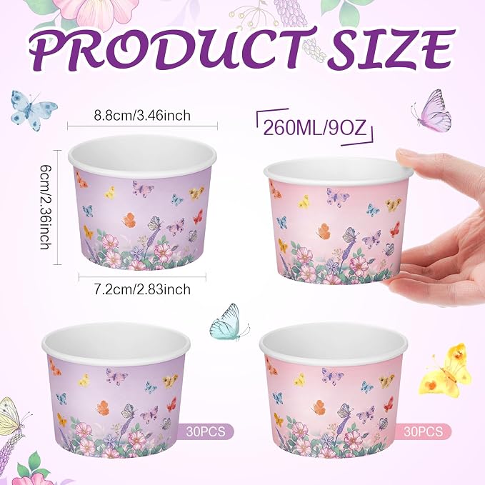 CHENGU 60 Pcs Butterfly Ice Cream Cups Birthday Party Decorations 9 oz Pink and - Image 2