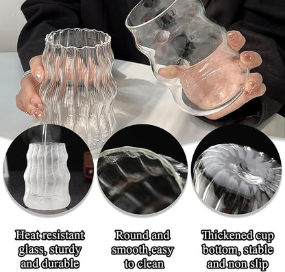 2 Pcs Ribbed Glass Cups 18 Oz Vintage Drinkware Wavy Ribbed Design Ideal - Image 3