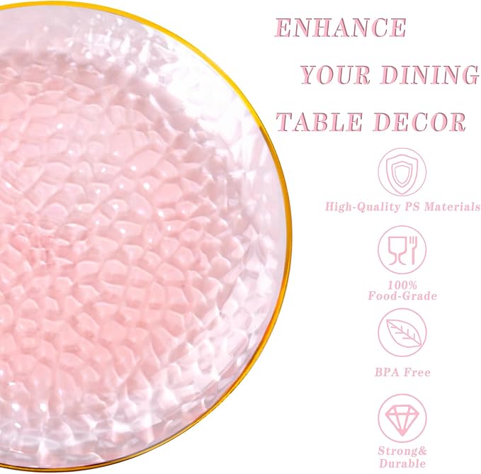 Rubtlamp 100Pcs Clear Pink Gold Plastic Plates, Hammered Plastic Plates Include - Image 3