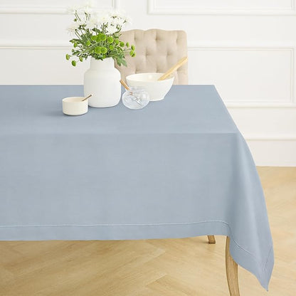 Solino Home Dusty Blue Linen Tablecloth 60 x 90 Inch - 100% Pure Linen Hemstitch Table Cloth for Rectangle Tables - Classic Hemstitch, Machine Washable Tablecloth for Winter, Spring, Easter