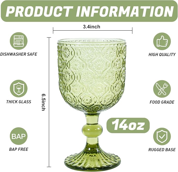 CHLJAR Green Vintage Wine Glasses set of 6 Goblets Glassware, 14 oz Green Wine - Image 2
