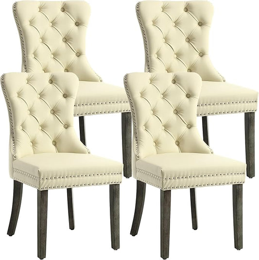 KCC Faux Leather Dining Chairs Set of 4, Upholstered High-end Tufted Dining Room Chair with Nailhead Back Ring Pull Trim Solid Wood Legs, Contemporary Nikki Collection Modern Style for Kitchen, Beige