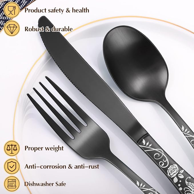 Matte Black Rose Flower Pattern Silverware Set - Image 3