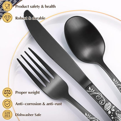 Matte Black Rose Flower Pattern Silverware Set - Image 3