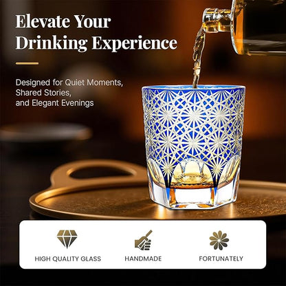 suigetsu Edo style Color Hand Cut Crystal Glass Tumbler Whisky Gass 11 Oz Glassware with Luxury Gift Box,Cocktail-Vodka-Beer Drinkingware Glasses In Gift Carton (Blue Daisy)