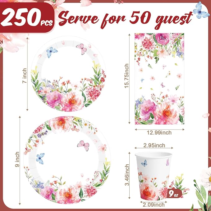 Funnymoom 250 Pcs Floral Party Decoration Wildflower Paper Plates Cups and - Image 3