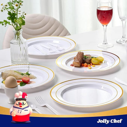 JOLLY CHEF 100 Pieces Gold Plastic Plates, 10 Inch Elegant Disposable Dinner White with Gold Rim, Disposable Plastic Plates for Christmas, Birthdays and Weddings