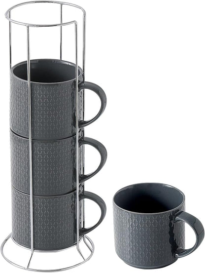Hasense Coffee Mugs Set of 4 with Stand, 15 oz Porcelain Stackable Coffee Cups Set with handle for Tea, Latte, Milk and Cappuccino, Grey Embossed Tea Cups Set with Geometric Patterns for Men and Women