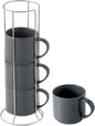 Hasense Coffee Mugs Set of 4 with Stand, 15 oz Porcelain Stackable Coffee Cups Set with handle for Tea, Latte, Milk and Cappuccino, Grey Embossed Tea Cups Set with Geometric Patterns for Men and Women