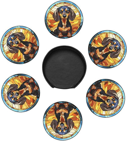 Drink Coaster Set of 6, Dachshund Dog Mom Lover Gift,Leather Drink Coasters with Holder,6 Pack Cup/Bar/Drink Coasters for Table/Drinks/Coffee Protection Housewarming Gift