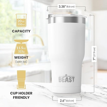 BEAST Insulated Coffee Mug – 900 ml I Arctic White I Stainless Steel I Reusable, Insulated Cups I 2 Straws and Cleaning Brush, Double Walled Travel Coffee Thermos I Hot or Iced Coffee