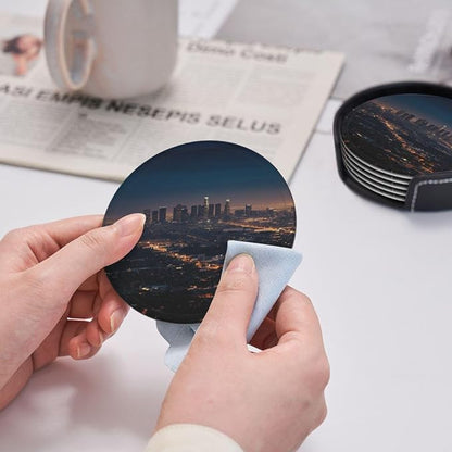 6Pcs PU Leather Coaster for Drinks, Los Angeles Skyline Cup Coasters - Image 4