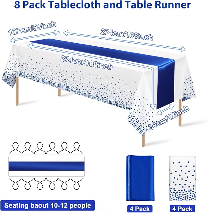 8Pack Disposable Plastic Tablecloths and Satin Table Runner White and Royal - Image 2