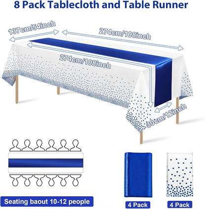 8Pack Disposable Plastic Tablecloths and Satin Table Runner White and Royal - Image 2
