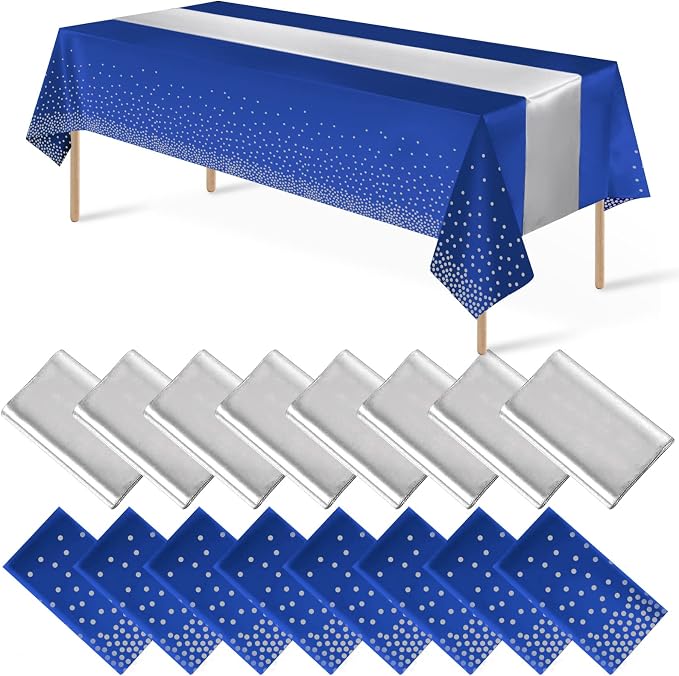 16Pack Disposable Plastic Tablecloths and Satin Table Runner Set Blue and by MASHAN