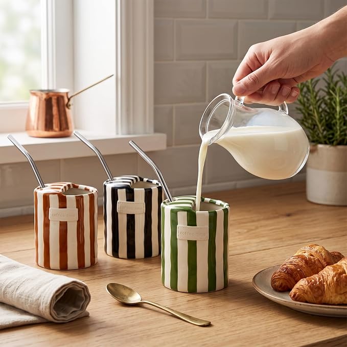 10oz Ceramic Coffee Mug Set of 3 Retro Striped Coffee Cups - Image 5