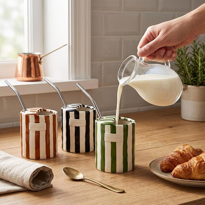 10oz Ceramic Coffee Mug Set of 3 Retro Striped Coffee Cups - Image 5
