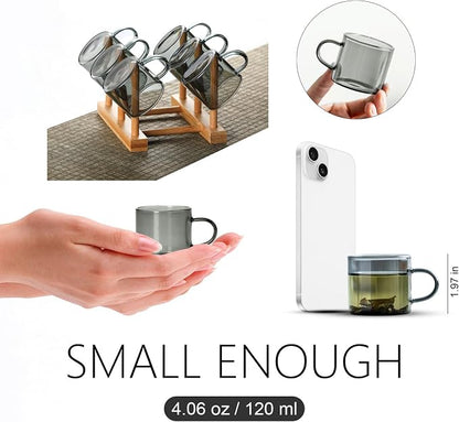 Kung Fu 6 Pcs Small Glass Tea Cup + Holder Set in Smoky Gray, Bamboo Wood - Image 2