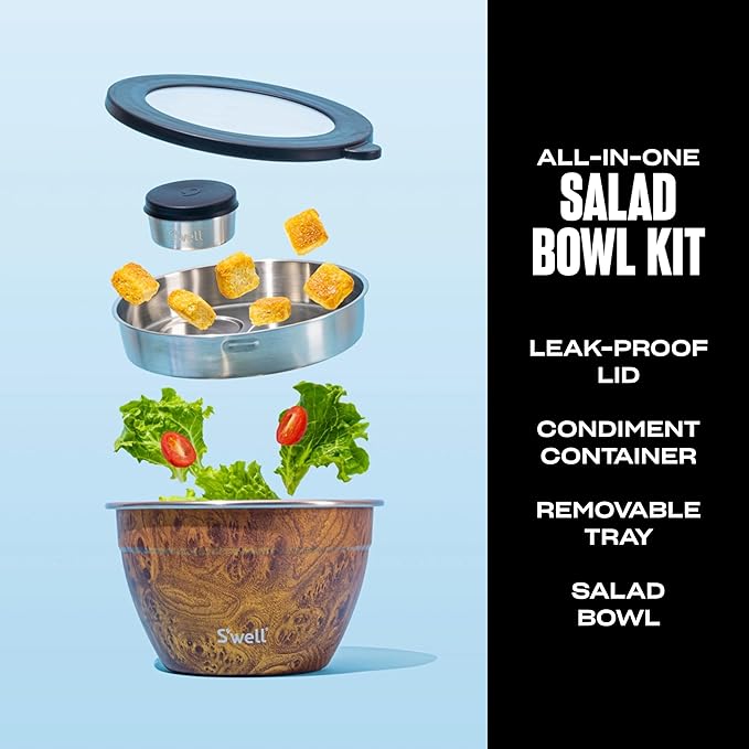 S’well Stainless Steel 64oz Salad Bowl Kit, Teakwood Finish, Includes 2oz - Image 2