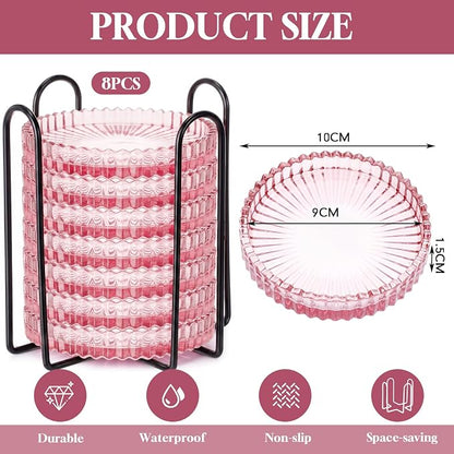 8 Pcs Glass Coasters with Holder Clear Drink Coasters Crystal Round Beverage - Image 2
