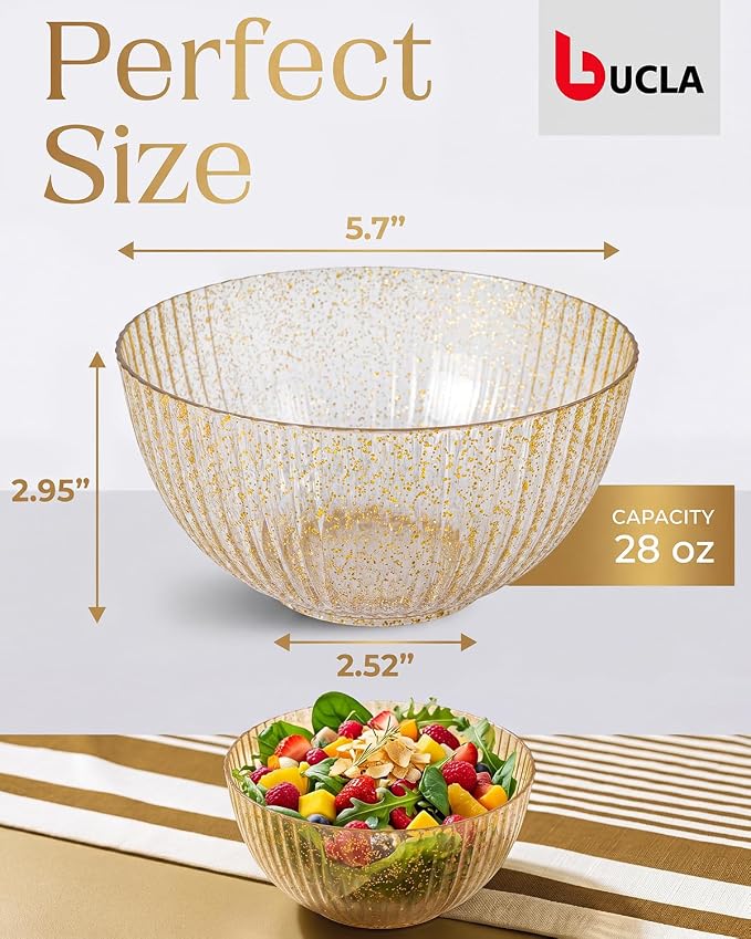 bUCLA 12 PCS Plastic Cereal Bowls Set - 28 Oz Gold Glitter Disposable Vertical - Image 2