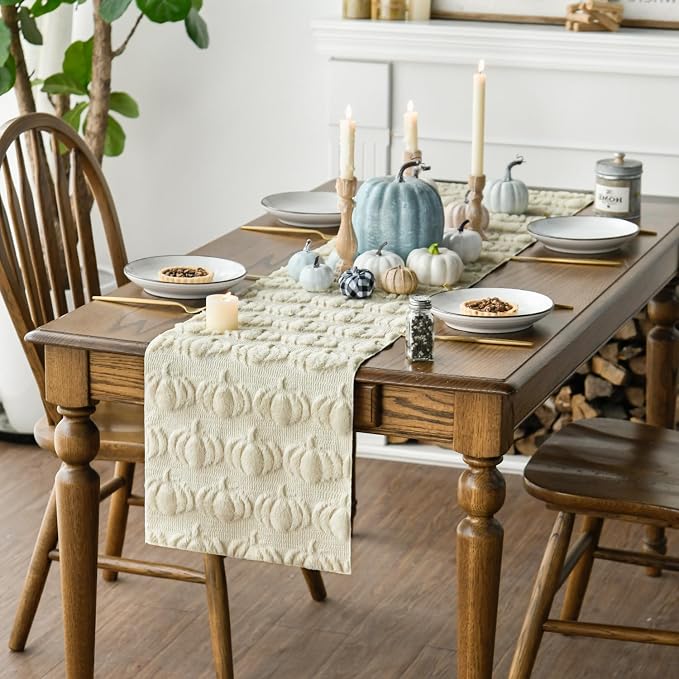 Artoid Mode Beige Soft Faux Fur Pumpkins Fall Table Runner 13x120 Inch | - Image 3