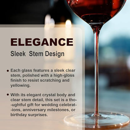 Red Wine Glasses Set of 4, 22oz, Hand Blown Premium Crystal Wine Glasses, Clear Stem,Thin Rim, - Perfect for Red or White, Daily Use,Unique Wedding Anniversary or Birthday Gift