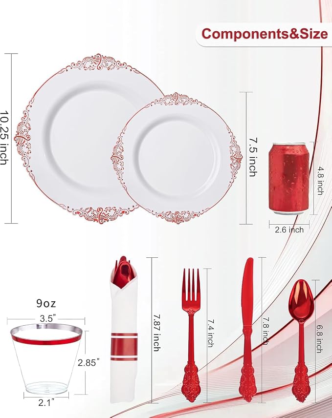 Nervure 350Pcs Red Plastic Plates, Plastic Dinnerware Set - Image 8