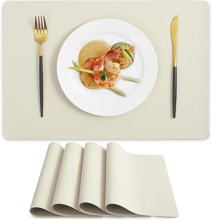 MOSAYT Vinyl Placemats Set of 4, Heat Resistant Place Mats 100% Waterproof Washable & Wipeable Faux Leather Reversible Table Mats for Kitchen Dining Party Indoor Outdoor, 12" x 17", Beige