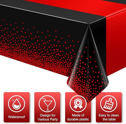 MASHAN 12Pcs Black and Red Tablecloth Party Decorations, Plastic Black Table - Image 3