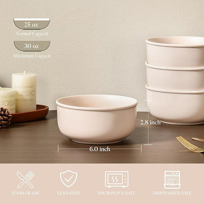 GZG 6-Inch Ceramic Cereal Bowls Set of 4, Rustic Matte Glazed Stoneware Bowls for Cereal, Soup, Salad & Snacks, 30 oz Capacity, Microwave & Dishwasher Safe(Cream Mist)