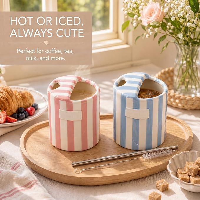 2 Pack Ceramic Coffee Mug with Sip Hole, Light Blue, Retro Hand Painted Striped - Image 5